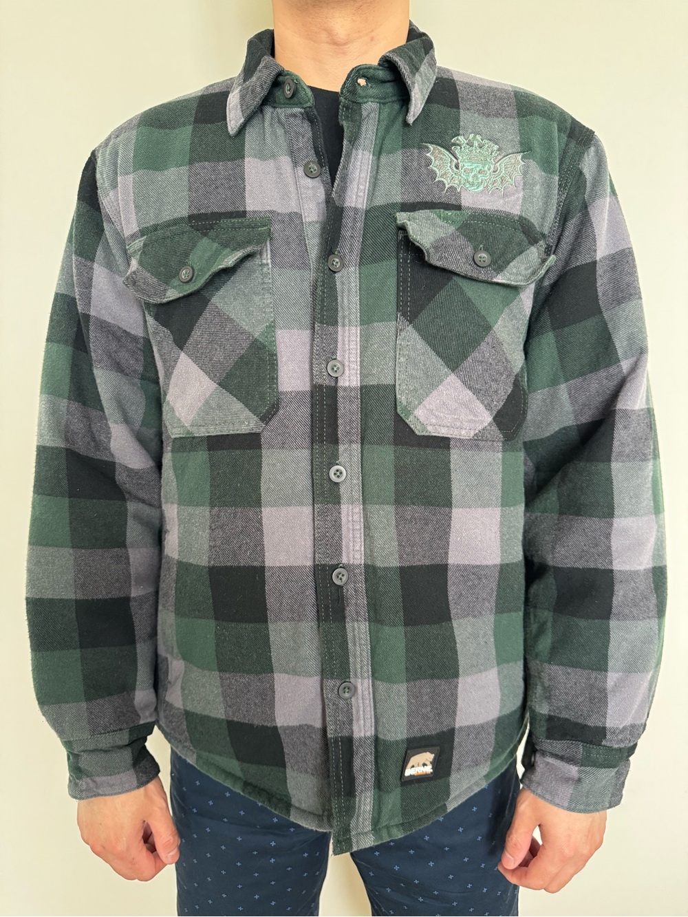 Green & Gray Plaid Bomber-Style Shirt Jacket